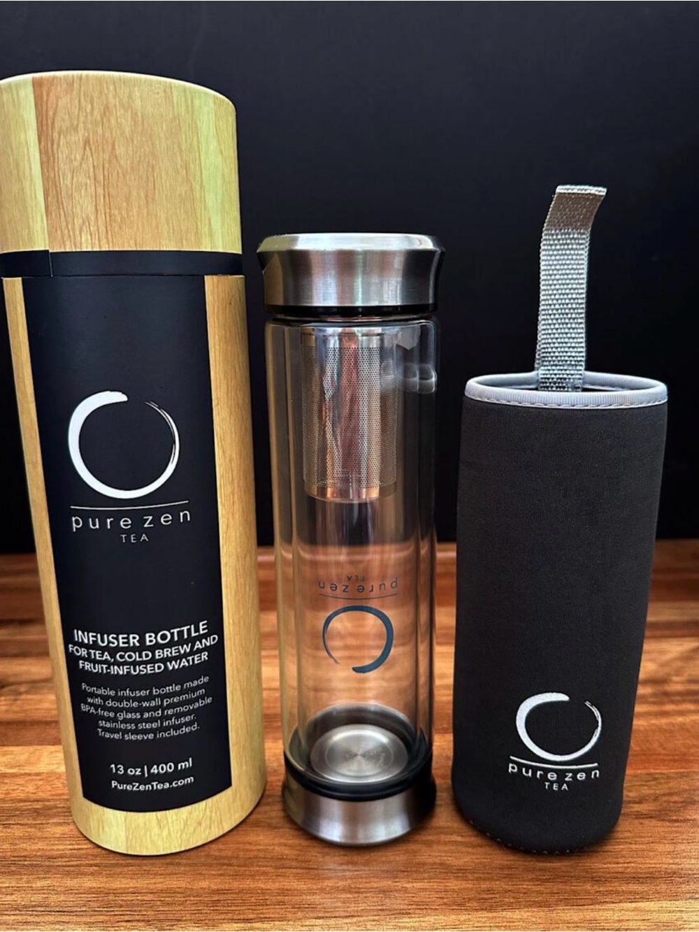 Pure Zen Glass Tea Infuser Bottle - Black 13 oz with travel sleeve